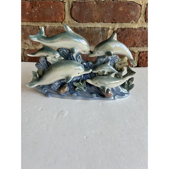 Vintage Dolphin Pod Family Blue Ceramic Iridescent Lusterware 6 Dolphin Family - Picture 1 of 7